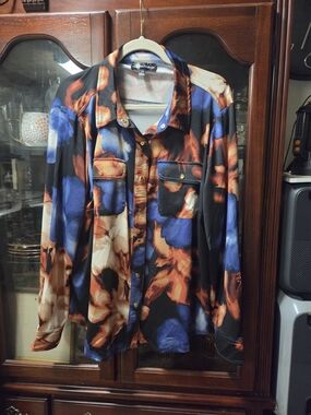Abstract Floral Button-Up Shirt in Blue, Orange & Black